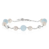 6-7mm White Freshwater Pearls and Aquamarine Bracelet in Sterling Silver