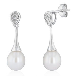 7-8mm White Freshwater Pearl and Diamond Earrings in Sterling Silver