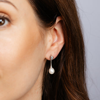 7-8mm White Freshwater Pearl and Diamond Earrings in Sterling Silver