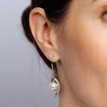 8-9mm White Freshwater Pearl and Created Sapphire Earrings in Sterling Silver
