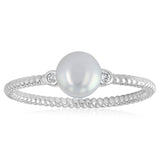 5-6mm White Freshwater Pearl and Created Sapphire Ring in Sterling Silver