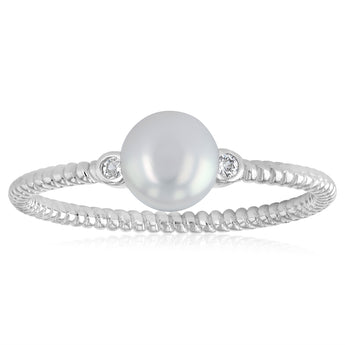 5-6mm White Freshwater Pearl and Created Sapphire Ring in Sterling Silver