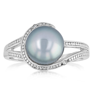 8-9mm Black Tahitian Pearl Diamond Ring in Sterling Silver