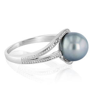 8-9mm Black Tahitian Pearl Diamond Ring in Sterling Silver