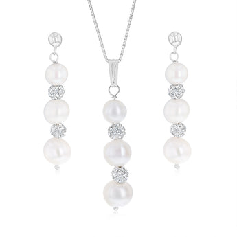 6-8.5mm White Freshwater Pearl Pendant and Earrings Matching Set in Sterling Silver