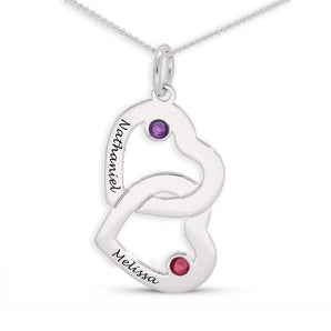 Personalised Engravable Interlinked Heart with Birthstones Necklace on 45cm Chain in Sterling Silver