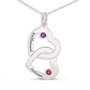 Personalised Engravable Interlinked Heart with Birthstones Necklace on 45cm Chain in Sterling Silver