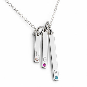 Personalised Engravable Vertical Bar with Birthstones on 45cm Chain in Sterling Silver