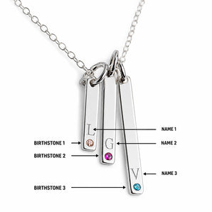 Personalised Engravable Vertical Bar with Birthstones on 45cm Chain in Sterling Silver