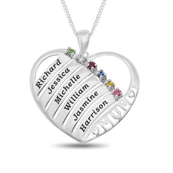 Personalised Engravable Heart with Birthstones Necklace on 45cm Chain in Sterling Silver