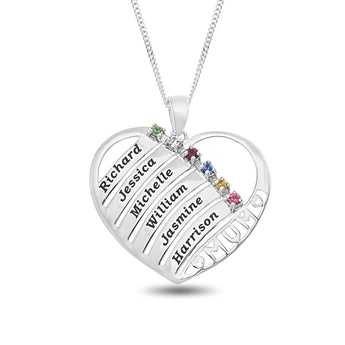 Personalised Engravable Heart with Birthstones Necklace on 45cm Chain in Sterling Silver