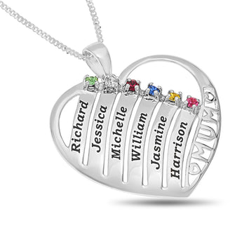 Personalised Engravable Heart with Birthstones Necklace on 45cm Chain in Sterling Silver