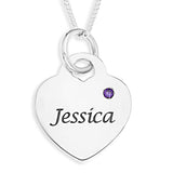 Personalised Engravable Heart Charm with Birthstone on 45cm Chain in Sterling Silver