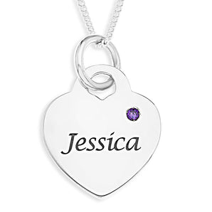 Personalised Engravable Heart Charm with Birthstone on 45cm Chain in Sterling Silver