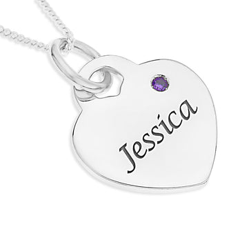 Personalised Engravable Heart Charm with Birthstone on 45cm Chain in Sterling Silver