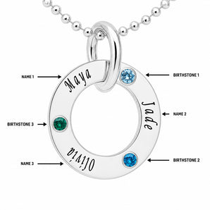 Personalised Engravable Circle Tag with Birthstones Necklace on 45cm Chain in Sterling Silver