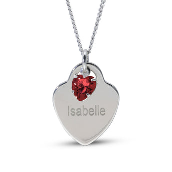 Personalised Engravable Heart Charm with Birthstone Necklace on 45cm Chain in Sterling Silver