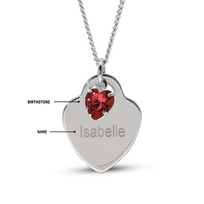 Personalised Engravable Heart Charm with Birthstone Necklace on 45cm Chain in Sterling Silver