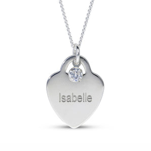 Personalised Engravable Heart Charm with Birthstone Necklace on 40cm Chain in Sterling Silver