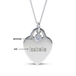 Personalised Engravable Heart Charm with Birthstone Necklace on 40cm Chain in Sterling Silver