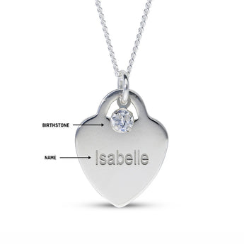 Personalised Engravable Heart Charm with Birthstone Necklace on 40cm Chain in Sterling Silver