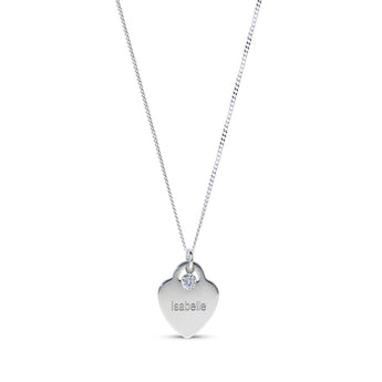 Personalised Engravable Heart Charm with Birthstone Necklace on 40cm Chain in Sterling Silver