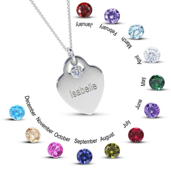 Personalised Engravable Heart Charm with Birthstone Necklace on 40cm Chain in Sterling Silver