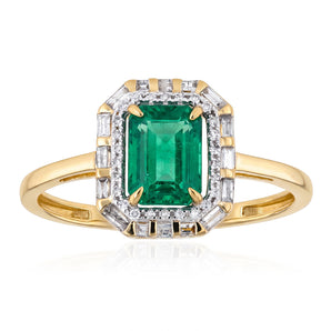Natural Emerald and Diamond Halo Ring in 9ct Yellow Gold