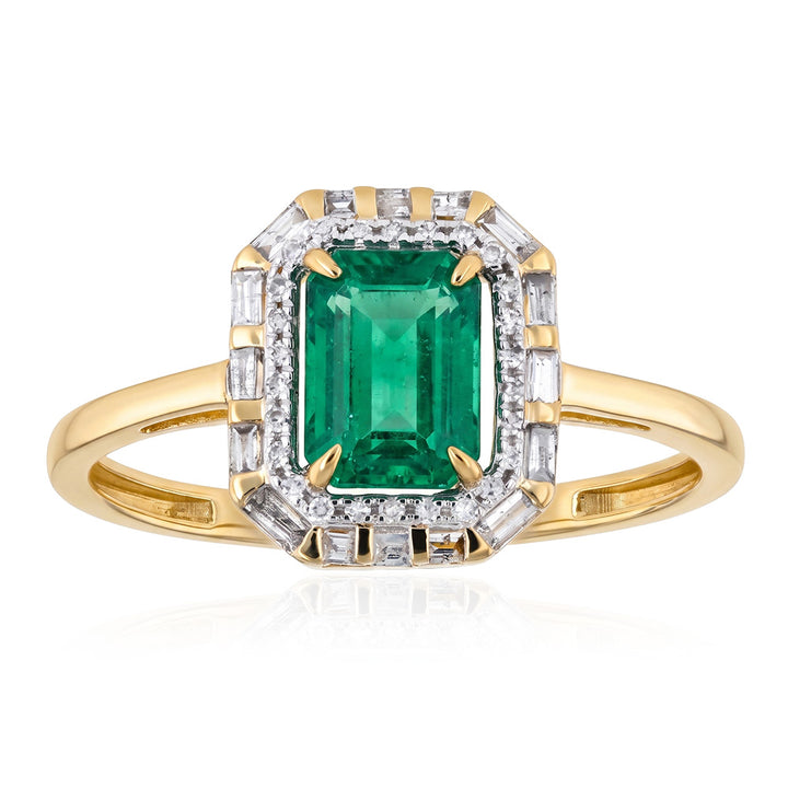 Natural Emerald and Diamond Halo Ring in 9ct Yellow Gold