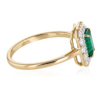 Natural Emerald and Diamond Halo Ring in 9ct Yellow Gold