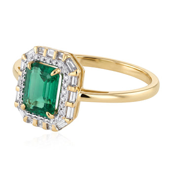 Natural Emerald and Diamond Halo Ring in 9ct Yellow Gold