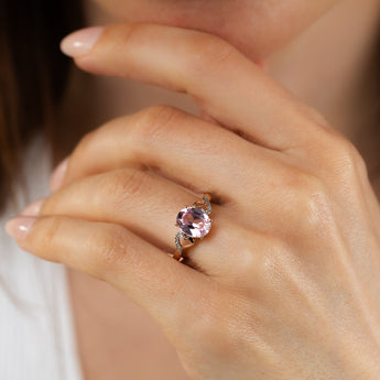Created Oval Peach Sapphire & Diamond Ring in 9ct Rose Gold