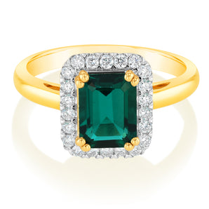 1.4 Carat Created Emerald Ring with 1/4 Carat Lab Grown Diamonds in 9ct Yellow Gold