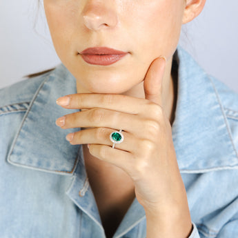 Luminesce Lab Grown 2 Carats Created Emerald with 1/2 Carat Diamond Ring in Sterling Silver