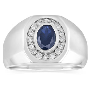 Created Blue Sapphire and Luminesce Lab Grown Gents Ring in Sterling Silver