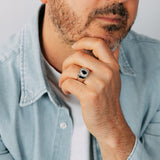 Created Blue Sapphire and Luminesce Lab Grown Gents Ring in Sterling Silver