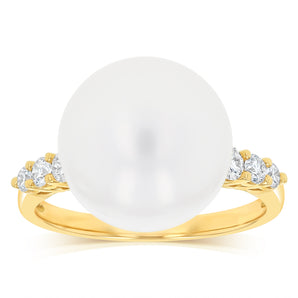 Luminesce Lab Grown 1/4 Carat Diamond and White South Sea Pearl Ring in 9ct Yellow Gold