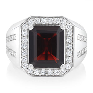 Luminesce Lab Grown 3/4 Carat Diamond and Natural Garnet Gents Ring in Sterling Silver