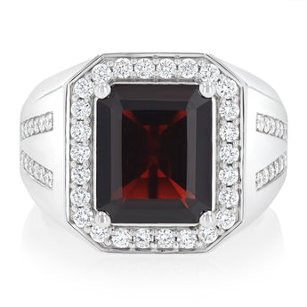 Luminesce Lab Grown 3/4 Carat Diamond and Natural Garnet Gents Ring in Sterling Silver