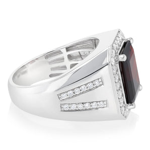 Luminesce Lab Grown 3/4 Carat Diamond and Natural Garnet Gents Ring in Sterling Silver
