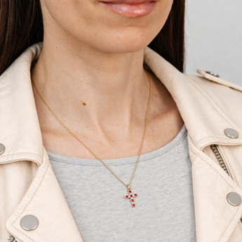 Luminesce Lab Grown 0.18 Carat Diamond and Created Ruby Cross Pendant on 45cm Chain in Gold Plated Sterling Silver