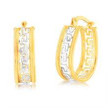 Load image into Gallery viewer, 9ct Yellow Gold Silver Filled Oval Hoop Earrings with Greek Key of Life Design
