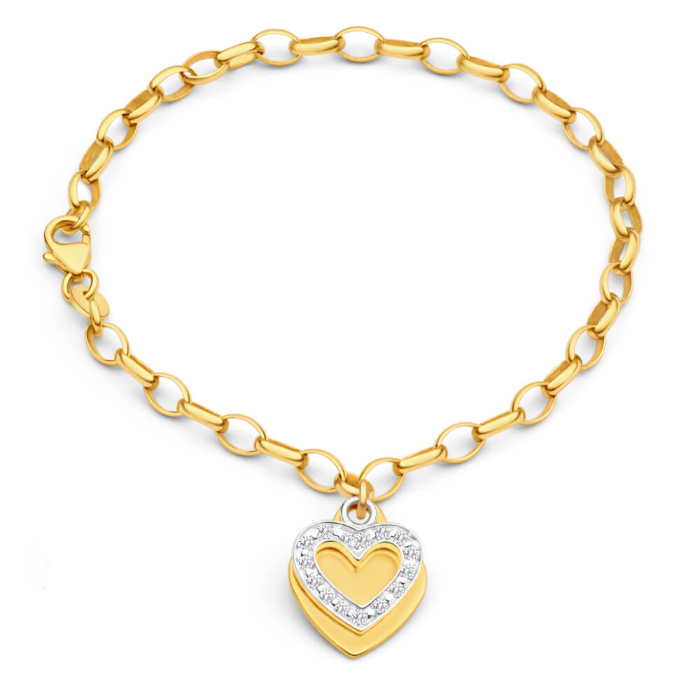9ct Yellow Gold Silver Filled Cubic Zirconia Belcher Heart Charm 19cm Bracelet