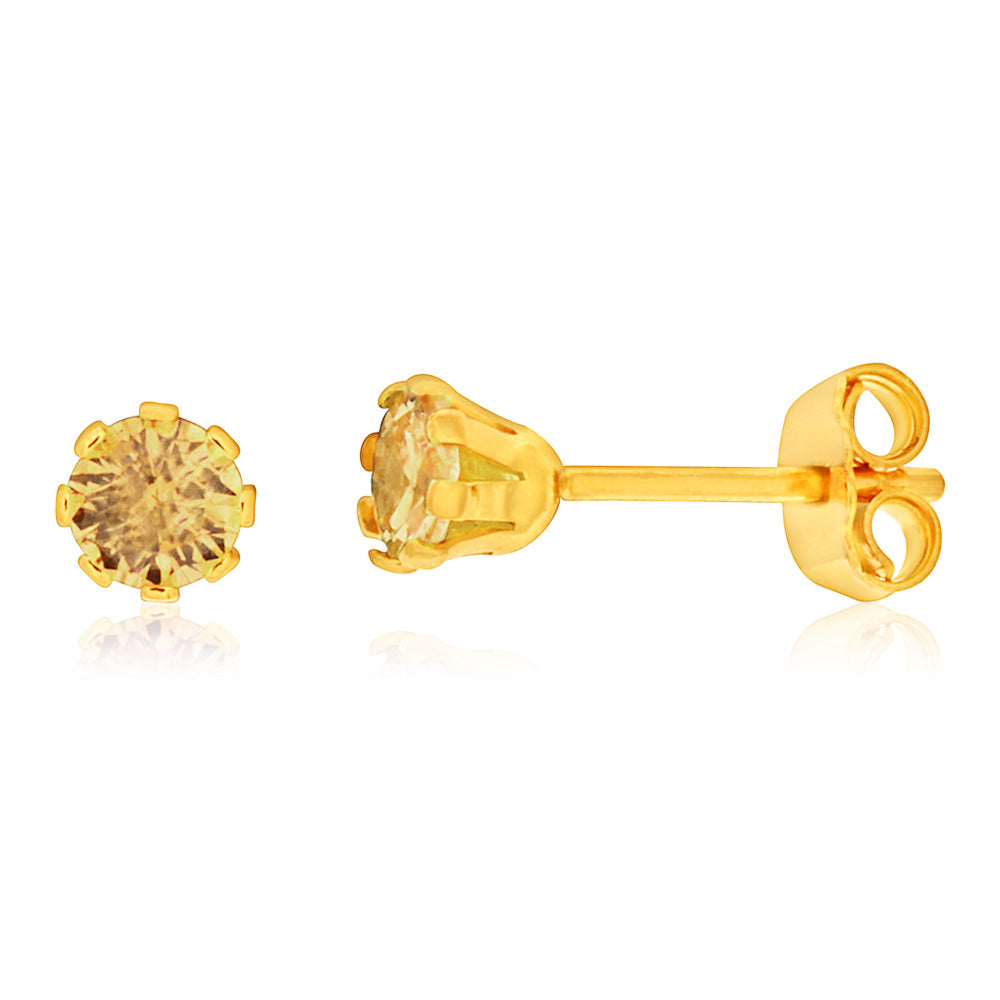 9ct Yellow Gold Silver Filled Cubic Zirconia Champ 4mm Stud Earrings