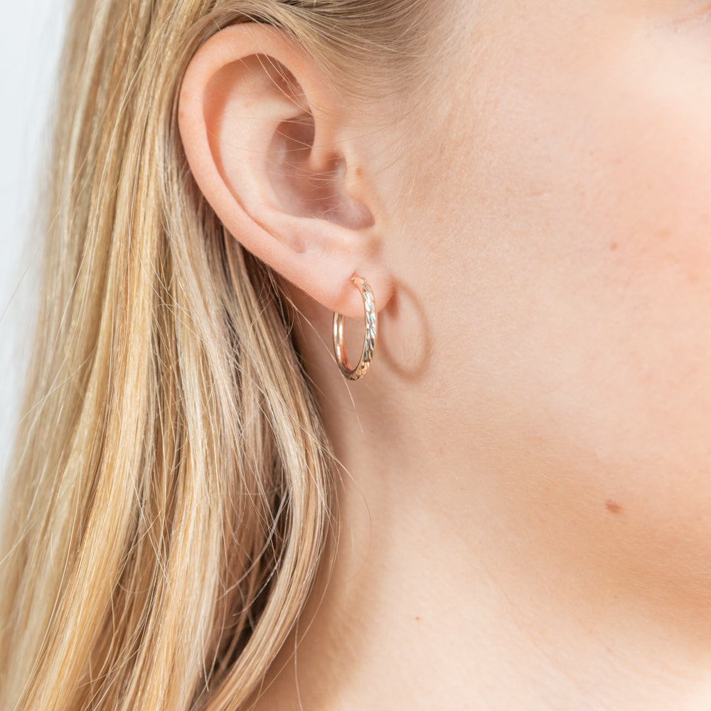 9ct Rose Gold Silver Filled 15mm Diamond Cut Hoop Earrings