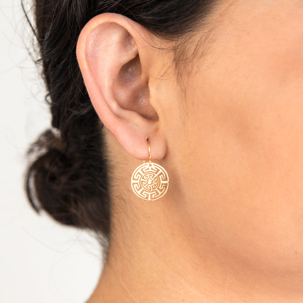 9ct Yellow Gold Silver Filled Aztec Greek key design Drop Earrings