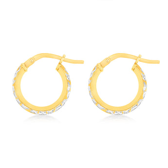 9ct Yellow Gold Silver Filled 10mm Hoop Earrings With Diamond Cut Surface