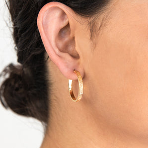 9ct Yellow Gold Silver Filled 20mm Hoop Earrings with Greek Key of Life Design