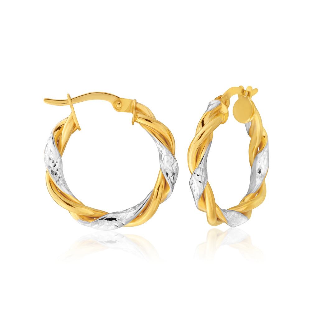 9ct Yellow Gold-Filled Twist Two Tone Hoop Earrings with Diamond Cutting Feature