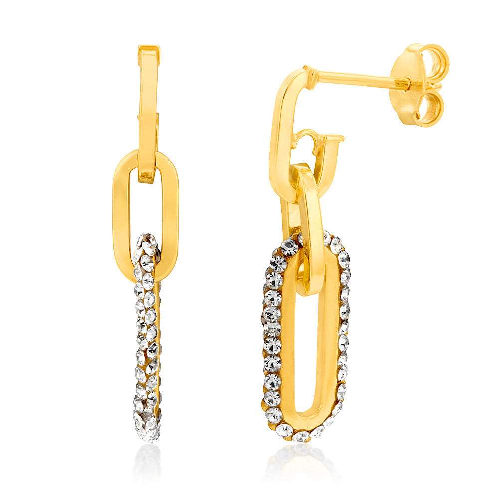 9ct Yellow Gold Silverfilled Three Link With Black Crystals Drop Earrings